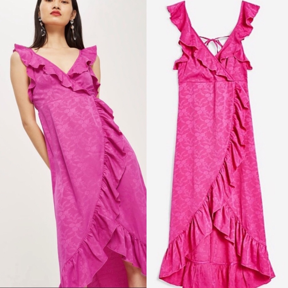 Topshop Jacquard Ruffle Faux Wrap Midi Dress
